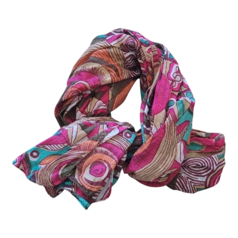 Retro Psychedelic Medallion Print Scarf Pink Orange Teal Brown Boho Festival - Picture 3 of 7